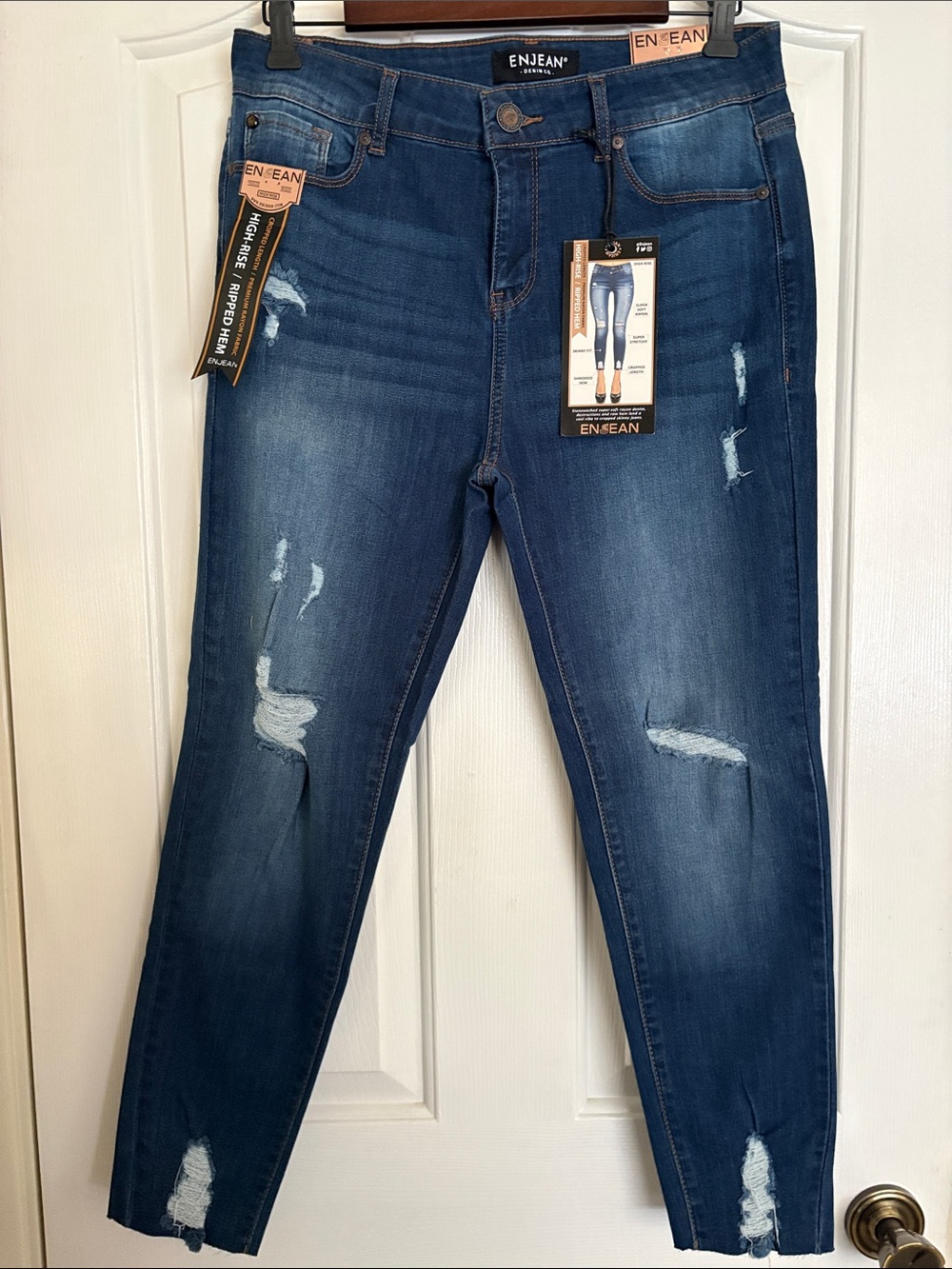 ENJEAN Mid-Rise Dark Blue Distressed Skinny Jeans
